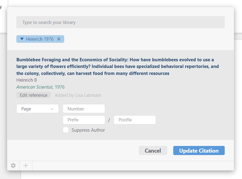 The Word citation box with a reference chip expanded to its details, showing an “Edit reference” button and an “Added by Lisa Labmate” note, above Page, Number, Prefix and Postfix fields.